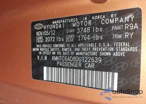 2013 Hyundai Veloster Base W/Black из США, поврежденный, VIN KMHTC6AD8DU122639